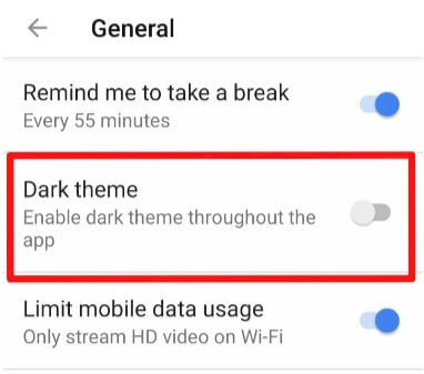 Dark theme in YouTube android device
