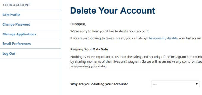 Delete Instagram account on android phone