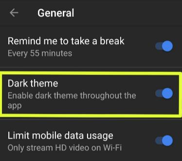 Enable dark mode in YouTube on android phone