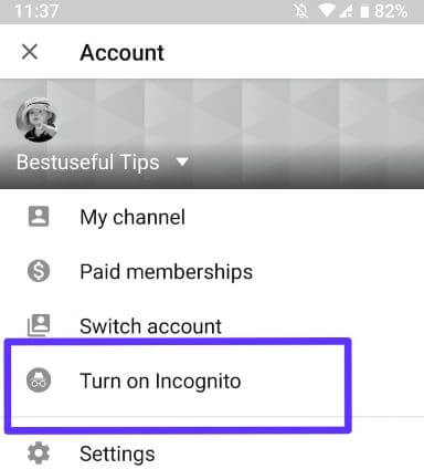 How to turn on YouTube incognito mode in android devices