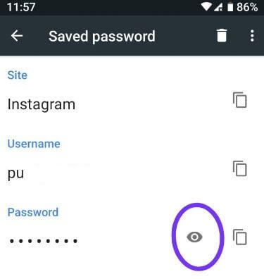 How to view saved app password android devices