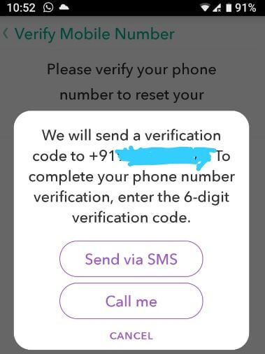 Reset Snapchat password android using mobile number