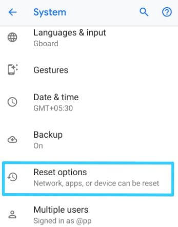 Reset options in android P 9.0