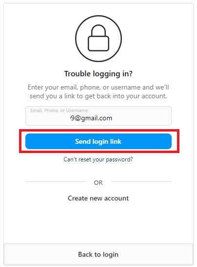 Send login link to reset your Instagram password Android