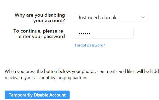 Temporarily disable my account in Instagram android