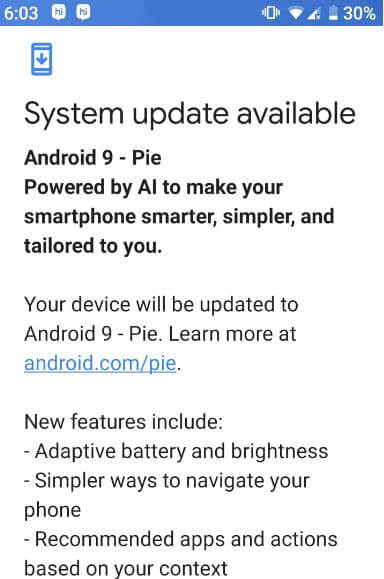 Android Pie system update available