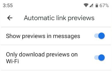 Enable automatic link previews on android messages
