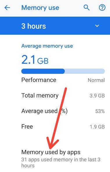 How to check memory usage by apps in android P 9.0