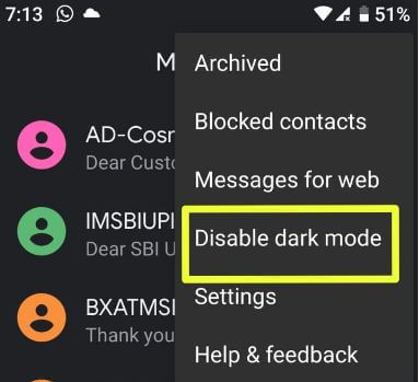 How to disable dark mode on android messages