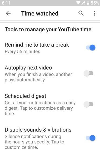 YouTube time watched feature on android