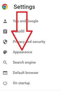 Appearance menu Chrome