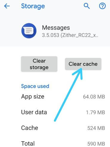 Clear the cache of messaging app on Pixel 3 Pie