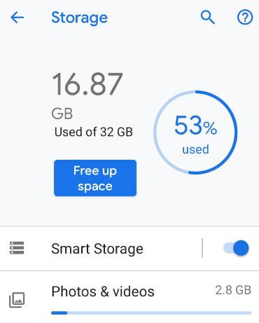 Libera spazio di archiviazione nel dispositivo Android 9 Pie