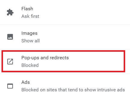 Pop-ups and redirect settings in Chrome