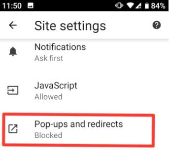 Pop ups and redirects settings in Chrome browser