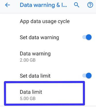 Set data usage limit on android 9 Pie
