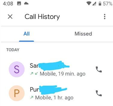 Delete individual call number from log on android Pie