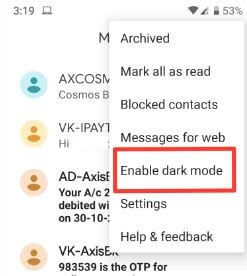 Enable dark mode on android messages app