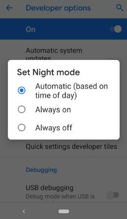 How to turn on night mode automatic on android 9 Pie