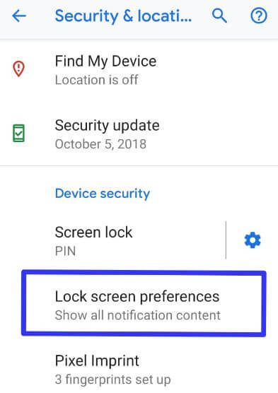 Lock screen preferences Pixel 3 Pie