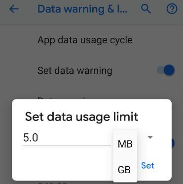 Set data usage limit android 9 Pie phone