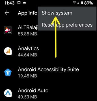 Show system apps in Android 9 Pie