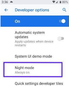 Turn on night mode automatic on android 9 Pie