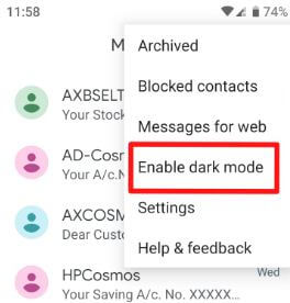 Activate dark them in android messages app