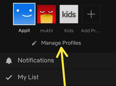 Manage profile on Netflix app android phone