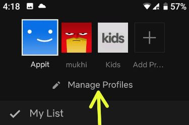 Manage profiles in Netflix app android device