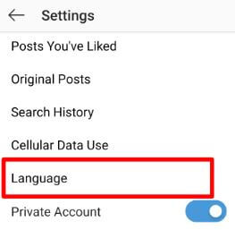 Change language on Instagram Android