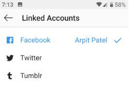 Instagram linked account with facebook Android