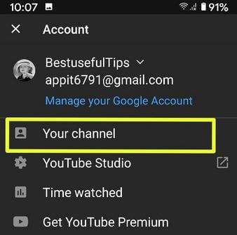 Open YouTube channel to change the name on Android