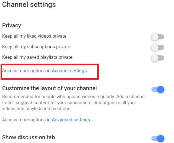Advanced settings YouTube channel