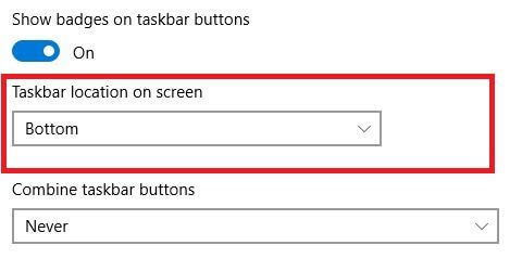 Move taskbar to bottom Windows 10