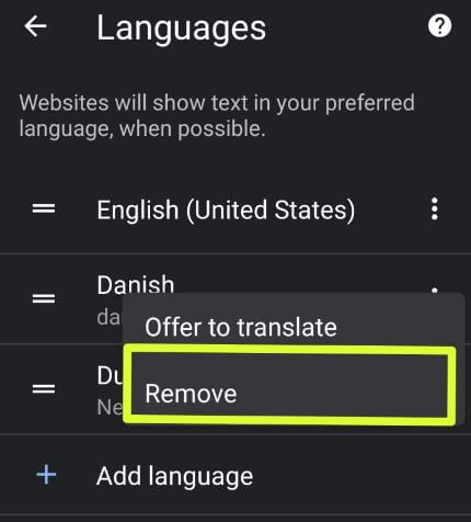 Remove language on Google Chrome android device