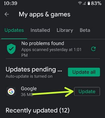 Check Google App Update to fix Google discover feed not working Android
