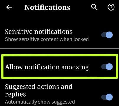 Enable or disable notification snoozing in Android Q Beta 5