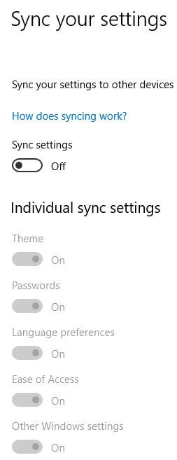 Enable or disable sync settings in Windows 10