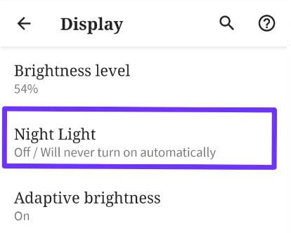 Google Pixel 3a Night light settings
