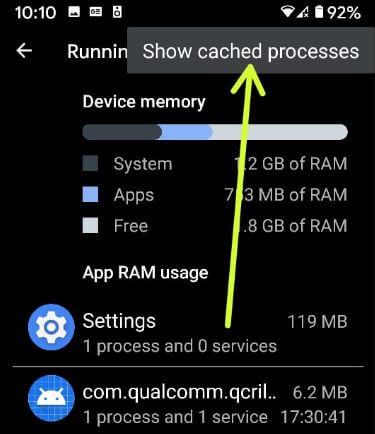 Show cached processes on Android 10 devices