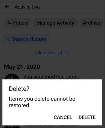 Clear or delete search history on Facebook Android phone