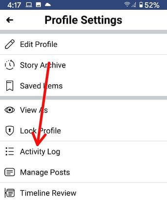 Facebook Search History find using Activity Log settings