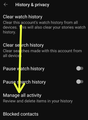 Manage all activity Settings to delete history YouTube App
