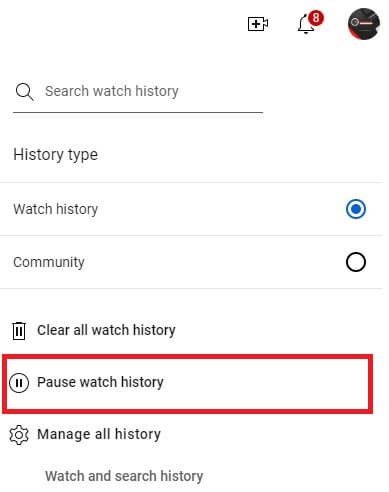 Pause watch history YouTube PC