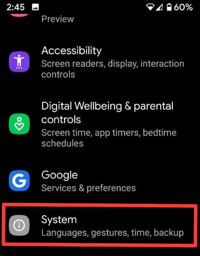 System settings in android 10 for full gesture