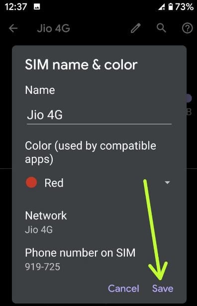 Change SIM name and color in Android 10