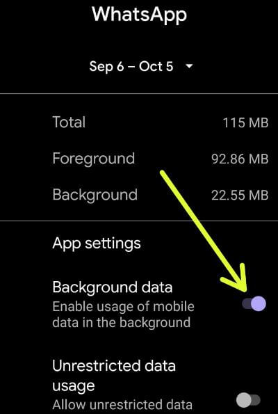 Disable background data of app Android 10
