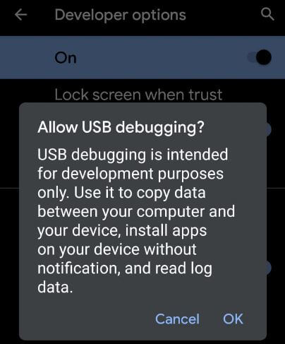 Enable USB debugging android 10
