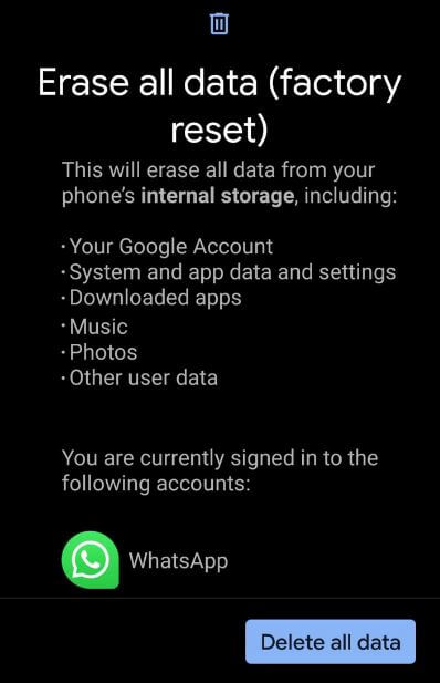 Factory reset Android 10
